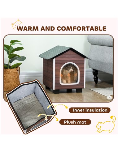PawHut Insulated Outdoor Cat House, Water-Resistant Feral Cat Shelter with Elevated Base and Cushion, Red-brown