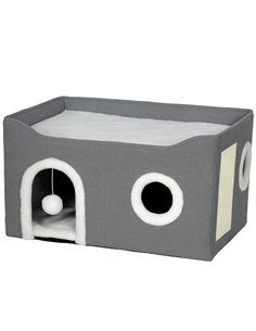 PawHut Cat Bed for Indoor Pets, Foldable Cat House with Fluffy Ball and Scratch Pad for Small and Medium Pets, Grey