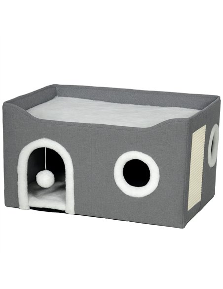 PawHut Cat Bed for Indoor Pets, Foldable Cat House with Fluffy Ball and Scratch Pad for Small and Medium Pets, Grey - pic 176703 | FastDaddyshop