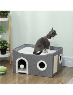 PawHut Cat Bed for Indoor Pets, Foldable Cat House with Fluffy Ball and Scratch Pad for Small and Medium Pets, Grey 2