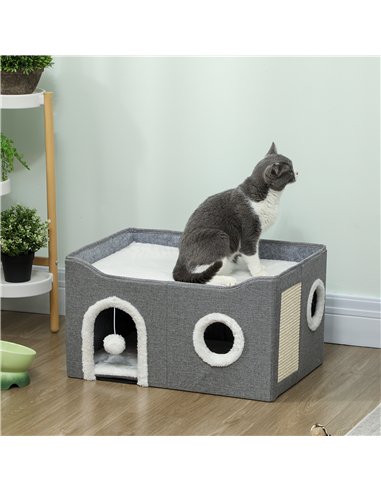 PawHut Cat Bed for Indoor Pets, Foldable Cat House with Fluffy Ball and Scratch Pad for Small and Medium Pets, Grey