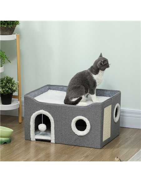 PawHut Cat Bed for Indoor Pets, Foldable Cat House with Fluffy Ball and Scratch Pad for Small and Medium Pets, Grey - pic 176704 | FastDaddyshop