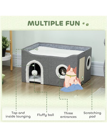 PawHut Cat Bed for Indoor Pets, Foldable Cat House with Fluffy Ball and Scratch Pad for Small and Medium Pets, Grey - pic 176706 | FastDaddyshop