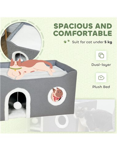 PawHut Cat Bed for Indoor Pets, Foldable Cat House with Fluffy Ball and Scratch Pad for Small and Medium Pets, Grey