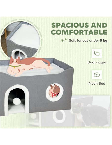 PawHut Cat Bed for Indoor Pets, Foldable Cat House with Fluffy Ball and Scratch Pad for Small and Medium Pets, Grey - pic 176708 | FastDaddyshop