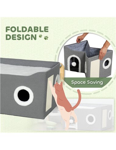 PawHut Cat Bed for Indoor Pets, Foldable Cat House with Fluffy Ball and Scratch Pad for Small and Medium Pets, Grey