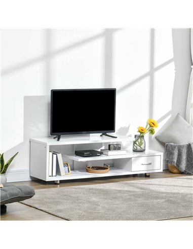 Homcom 1350mm High Gloss TV Stand with Storage Shelf and Drawer, White