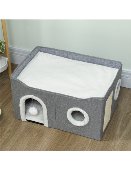 PawHut Cat Bed for Indoor Pets, Foldable Cat House with Fluffy Ball and Scratch Pad for Small and Medium Pets, Grey - pic 176710 | FastDaddyshop