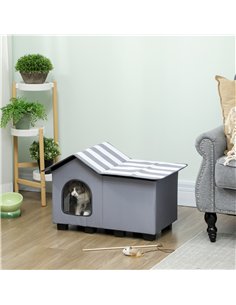 PawHut Outdoor Cat House, Weather Resistant Feral Cat Cave with Elevated Base and Cushion for Winter, Grey 2