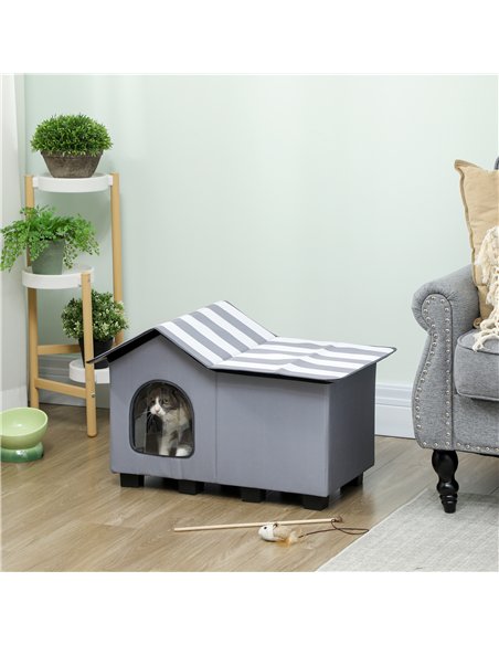 PawHut Outdoor Cat House, Weather Resistant Feral Cat Cave with Elevated Base and Cushion for Winter, Grey - pic 176713 | FastDaddyshop