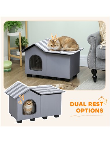 PawHut Outdoor Cat House, Weather Resistant Feral Cat Cave with Elevated Base and Cushion for Winter, Grey