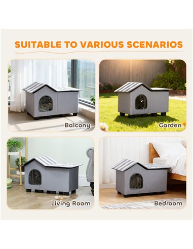 PawHut Outdoor Cat House, Weather Resistant Feral Cat Cave with Elevated Base and Cushion for Winter, Grey