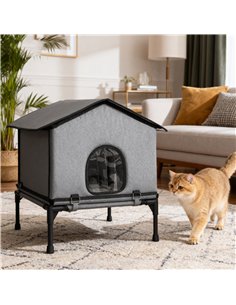 PawHut Outdoor Cat House, Waterproof Insulated Cat Kennel with Elevated Base, Foldable Feral Kitty Shelter for Kittens, Grey 2