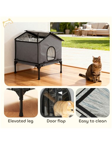 PawHut Outdoor Cat House, Waterproof Insulated Cat Kennel with Elevated Base, Foldable Feral Kitty Shelter for Kittens, Grey