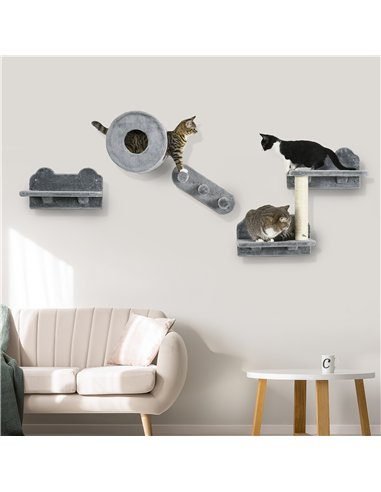 PawHut 4PCs Wall-Mounted Cat Tree, with Steps, Perch, Cat House - Grey