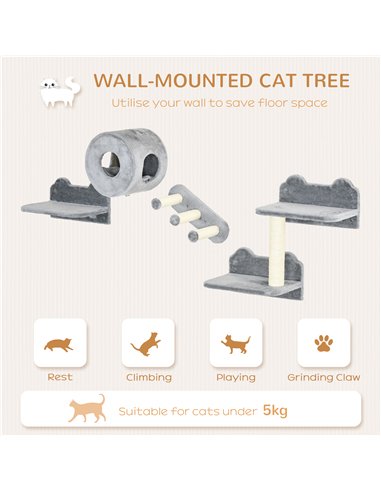 PawHut 4PCs Wall-Mounted Cat Tree, with Steps, Perch, Cat House - Grey
