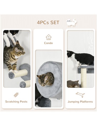 PawHut 4PCs Wall-Mounted Cat Tree, with Steps, Perch, Cat House - Grey
