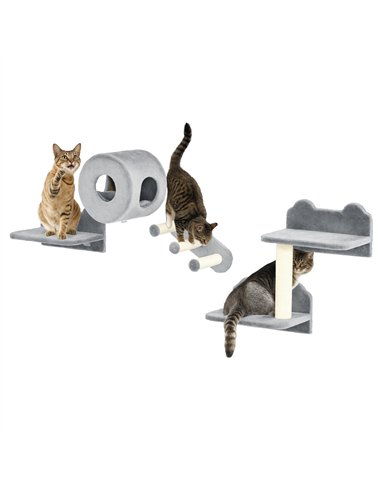 PawHut 4PCs Wall-Mounted Cat Tree, with Steps, Perch, Cat House - Grey