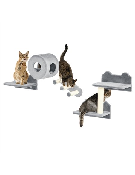 PawHut 4PCs Wall-Mounted Cat Tree, with Steps, Perch, Cat House - Grey - pic 176756 | FastDaddyshop