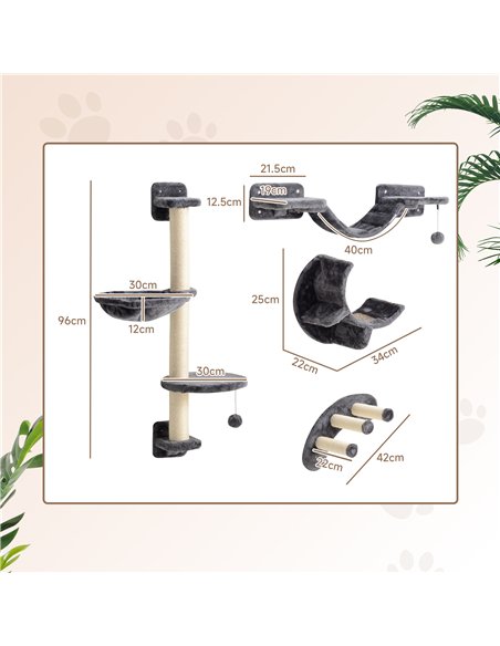 PawHut Four-Piece Cat Wall Furniture, with Hammock, Ladder, Platforms, Steps, for Indoor Use - Dark Grey - pic 176759 | FastDaddyshop