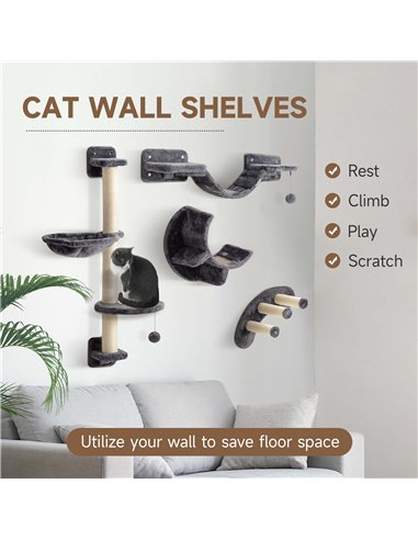PawHut Four-Piece Cat Wall Furniture, with Hammock, Ladder, Platforms, Steps, for Indoor Use - Dark Grey