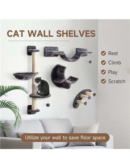 PawHut Four-Piece Cat Wall Furniture, with Hammock, Ladder, Platforms, Steps, for Indoor Use - Dark Grey - pic 176760 | FastDaddyshop