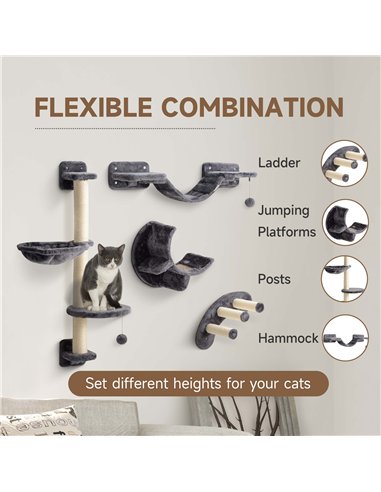 PawHut Four-Piece Cat Wall Furniture, with Hammock, Ladder, Platforms, Steps, for Indoor Use - Dark Grey