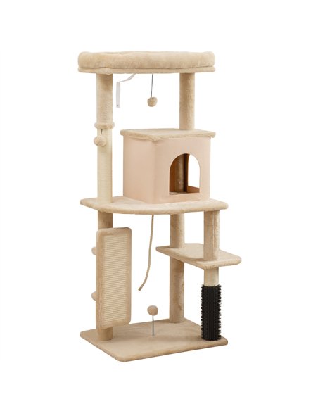 PawHut 132cm Cat Tree w/ Scratching Posts, Pad, Cat Bed, Cat House, Jumping Platform, Grooming Brush, Anti-Tip Kit, Beige - pic 176766 | FastDaddyshop