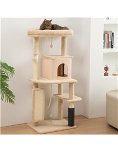 PawHut 132cm Cat Tree w/ Scratching Posts, Pad, Cat Bed, Cat House, Jumping Platform, Grooming Brush, Anti-Tip Kit, Beige 2