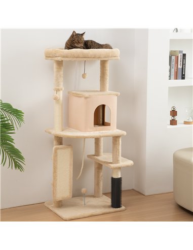 PawHut 132cm Cat Tree w/ Scratching Posts, Pad, Cat Bed, Cat House, Jumping Platform, Grooming Brush, Anti-Tip Kit, Beige