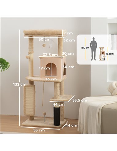 PawHut 132cm Cat Tree w/ Scratching Posts, Pad, Cat Bed, Cat House, Jumping Platform, Grooming Brush, Anti-Tip Kit, Beige