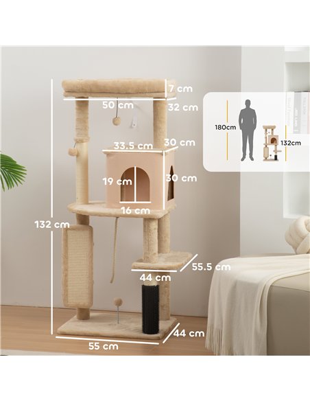 PawHut 132cm Cat Tree w/ Scratching Posts, Pad, Cat Bed, Cat House, Jumping Platform, Grooming Brush, Anti-Tip Kit, Beige - pic 176768 | FastDaddyshop