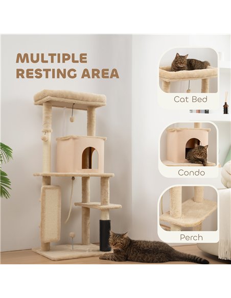 PawHut 132cm Cat Tree w/ Scratching Posts, Pad, Cat Bed, Cat House, Jumping Platform, Grooming Brush, Anti-Tip Kit, Beige - pic 176769 | FastDaddyshop
