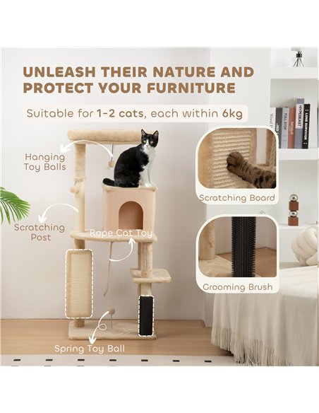 PawHut 132cm Cat Tree w/ Scratching Posts, Pad, Cat Bed, Cat House, Jumping Platform, Grooming Brush, Anti-Tip Kit, Beige - pic 176770 | FastDaddyshop