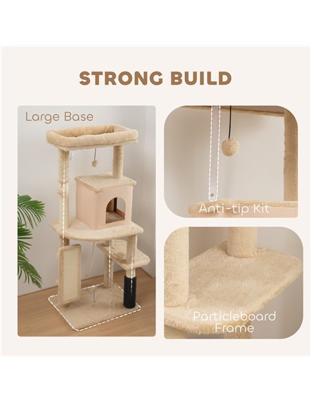 PawHut 132cm Cat Tree w/ Scratching Posts, Pad, Cat Bed, Cat House, Jumping Platform, Grooming Brush, Anti-Tip Kit, Beige - pic 176771 | FastDaddyshop