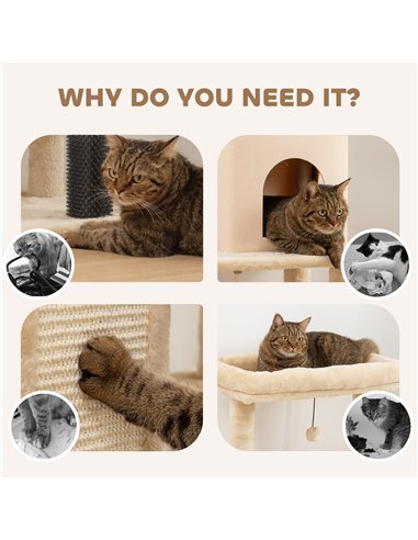 PawHut 132cm Cat Tree w/ Scratching Posts, Pad, Cat Bed, Cat House, Jumping Platform, Grooming Brush, Anti-Tip Kit, Beige