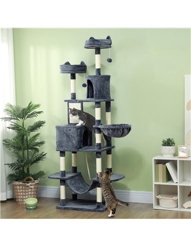 PawHut 206cm Cat Tree, Multi-Level Cat Tower with Scratching Posts and Board, Beds, Condos, Platforms, Toy Balls, Dark Grey