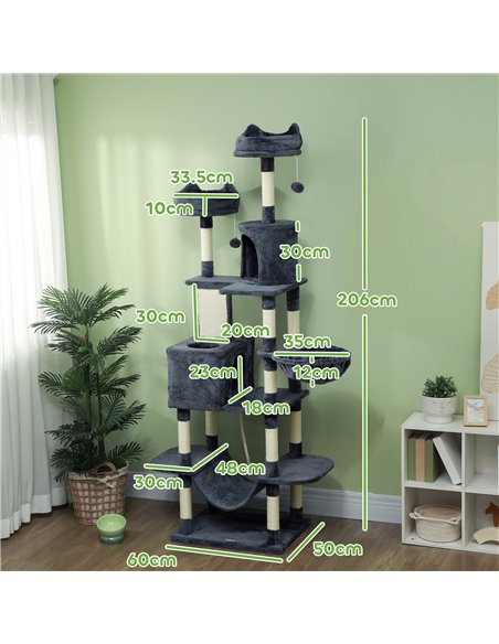 PawHut 206cm Cat Tree, Multi-Level Cat Tower with Scratching Posts and Board, Beds, Condos, Platforms, Toy Balls, Dark Grey - pic 176777 | FastDaddyshop