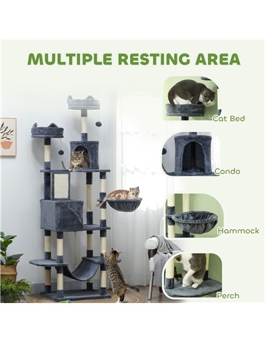 PawHut 206cm Cat Tree, Multi-Level Cat Tower with Scratching Posts and Board, Beds, Condos, Platforms, Toy Balls, Dark Grey