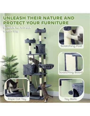 PawHut 206cm Cat Tree, Multi-Level Cat Tower with Scratching Posts and Board, Beds, Condos, Platforms, Toy Balls, Dark Grey