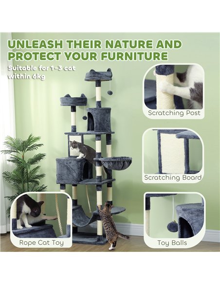 PawHut 206cm Cat Tree, Multi-Level Cat Tower with Scratching Posts and Board, Beds, Condos, Platforms, Toy Balls, Dark Grey - pic 176780 | FastDaddyshop