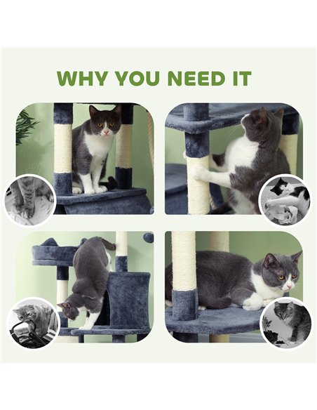 PawHut 206cm Cat Tree, Multi-Level Cat Tower with Scratching Posts and Board, Beds, Condos, Platforms, Toy Balls, Dark Grey - pic 176781 | FastDaddyshop