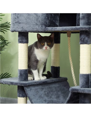 PawHut 206cm Cat Tree, Multi-Level Cat Tower with Scratching Posts and Board, Beds, Condos, Platforms, Toy Balls, Dark Grey