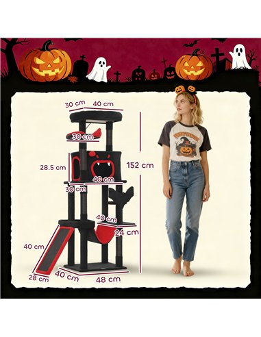 PawHut Gothic Cat Tree, 152 cm Multi-Level Cat Tower for Large Cats with Coffin Bed, Large Condo, for Halloween