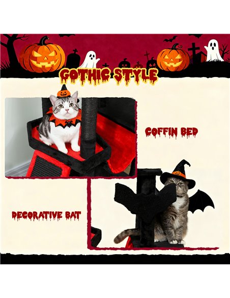 PawHut Gothic Cat Tree, 152 cm Multi-Level Cat Tower for Large Cats with Coffin Bed, Large Condo, for Halloween - pic 176788 | FastDaddyshop