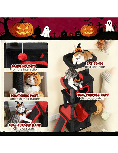 PawHut Gothic Cat Tree, 152 cm Multi-Level Cat Tower for Large Cats with Coffin Bed, Large Condo, for Halloween - pic 176789 | FastDaddyshop