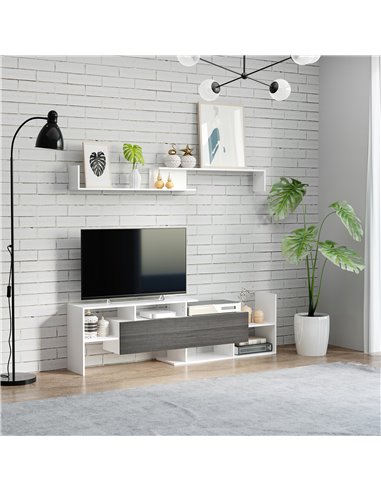 Homcom 1536mm Modern TV Cabinet with Wall Shelf, Storage Shelf, White & Grey