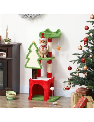 PawHut Christmas Cat Tree, 120cm Cat Tower with Scratching Post & Board, Platform, Toys, Green