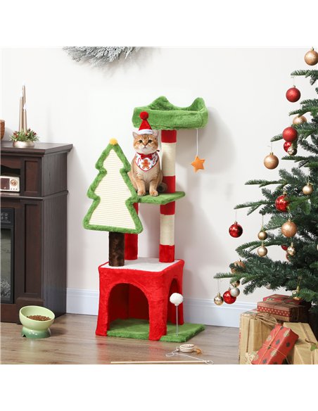 PawHut Christmas Cat Tree, 120cm Cat Tower with Scratching Post & Board, Platform, Toys, Green - pic 176794 | FastDaddyshop