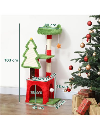 PawHut Christmas Cat Tree, 120cm Cat Tower with Scratching Post & Board, Platform, Toys, Green